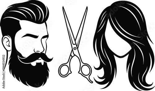 Barbershop Hair and Beard Style Icons with Scissors Barber Salon Vector Illustration Set