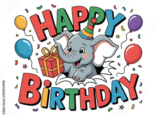 Adorable elephant wearing a party hat bursts out of a gift box, surrounded by balloons and confetti, celebrating a happy birthday.
