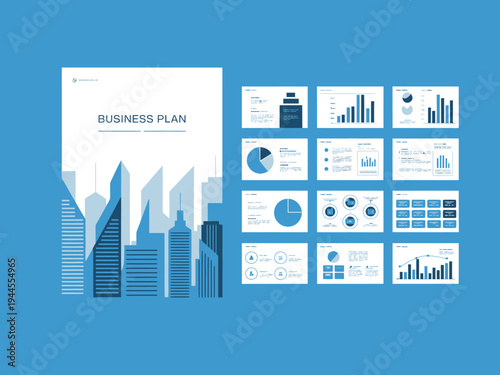 Modern business plan presentation with city skyline and data charts for growth strategy