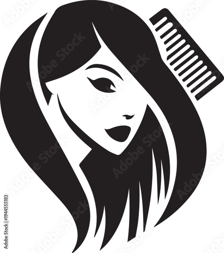 Elegant Beauty Salon Logo with Female Face, Comb and Scissors Black Vector Illustration