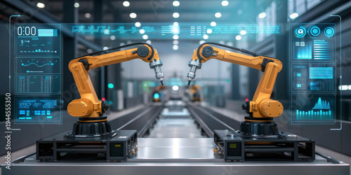 Industrial robot arm factory automation augmented reality overlay digital interface smart manufacturing advanced technology precision engineering innovation efficiency productivity