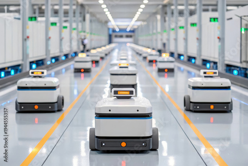 Autonomous mobile robot assembly line warehouse automation technology logistics industrial innovation efficiency modern facility robots working together in bright clean environment
