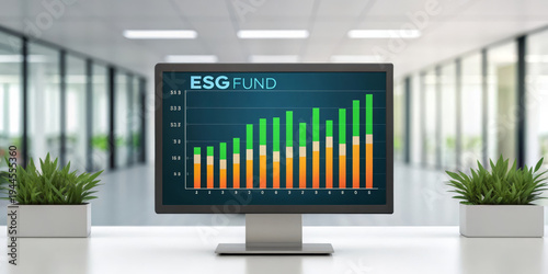 ESG fund chart animated finance investment growth comparison modern office green sustainable digital monitor business data analysis bar graph workplace technology