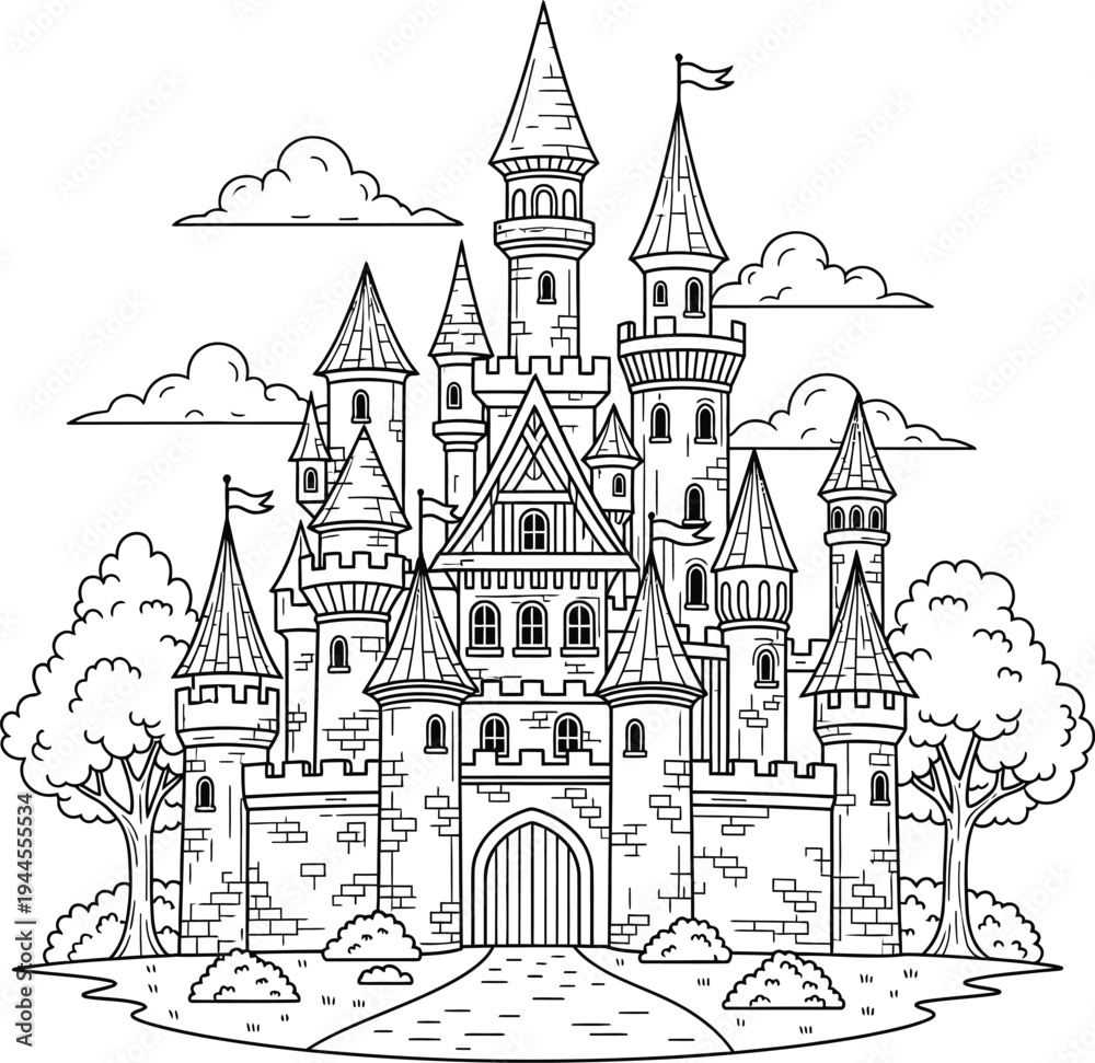 Naklejka premium Fantasy medieval castle with towers and turrets