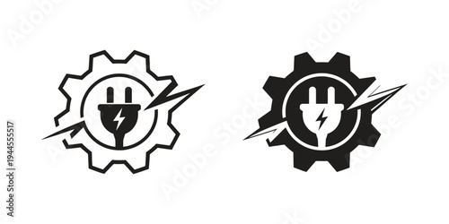 Gear with lightning bolt and plug line icon set, representing electrical power generation, energy technology and industrial electricity systems concept.
