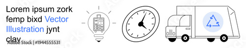 Sustainability, logistics, innovation, efficiency, eco-friendly delivery, waste management. A glowing lightbulb, clock and truck with a recycling symbol. Sustainability and logistics