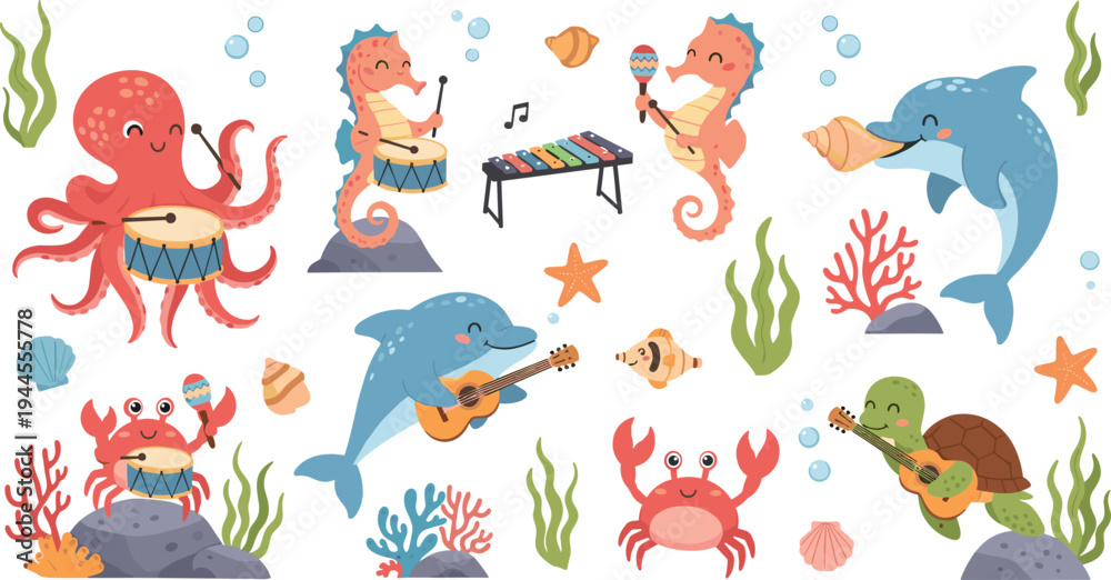 Obraz premium Underwater Band: Cute Cartoon Octopus, Seahorses, Crabs, Dolphins, and Turtles Playing Musical Instruments in a Colorful Ocean Scene