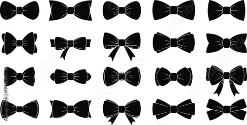 Bow tie silhouette illustration with fashion accessories, decorative ribbon styles, formal wear design, elegant vector artwork, clothing decoration, stylish pattern, black icon set