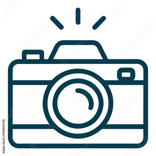 A sleek camera icon with a flash symbol above it indicating a photography moment