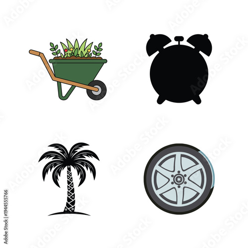 Green wheelbarrow and black alarm clock on white palm tree tire white background