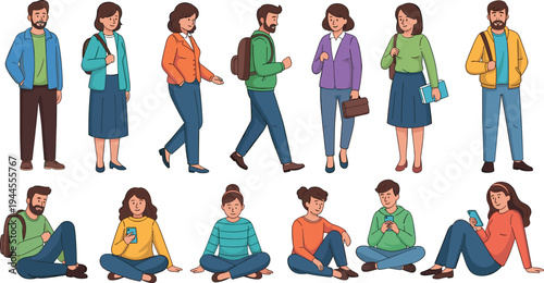 Set of flat people characters in casual clothes walking standing and sitting while using phones or carrying backpacks isolated on white background
