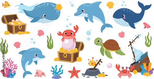Treasure Hunt Under the Sea: Cute Cartoon Dolphins, Turtles, Crabs, and Sea Creatures with Treasure Chests, Coins, and Coral