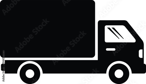Black silhouette delivery truck vector illustration, logistics icon, transportation symbol, cargo vehicle design, shipping service, freight transport, courier business, minimal graphic art