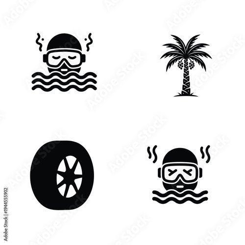Scuba divers and tropical palm tree tire black and white