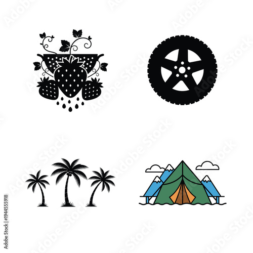 Strawberries and camping gear on white background camping tent mountains clouds tire