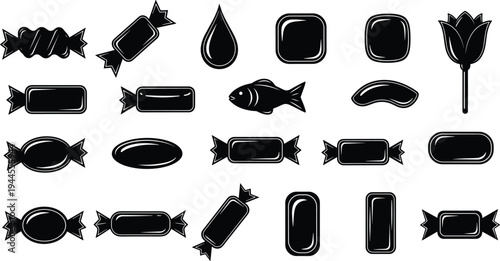 Candy silhouette icons collection with wrapped sweets, lollipops, lozenges, jelly beans, chocolate shapes, confectionery design, black vector illustration, dessert artwork, sweet treats pattern