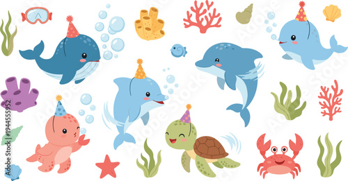 Underwater Party: Cute Cartoon Dolphins, Turtles, Crabs, and Sea Creatures Celebrating with Party Hats, Bubbles, and Coral