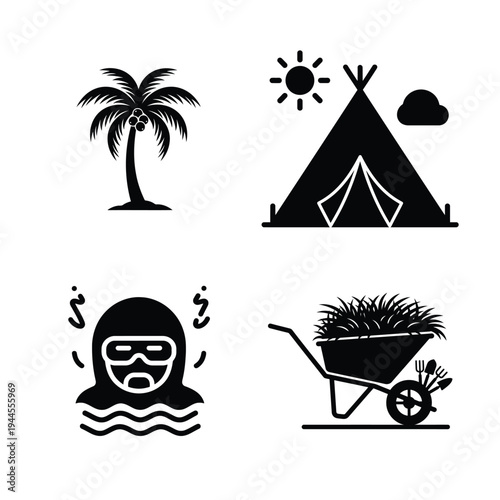 Summer and outdoor palm tree tent scuba diver wheelbarrow tropical