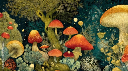 Whimsical Fantasy Forest with Colorful Mushrooms and Lush Moss in Enchanted Landscape