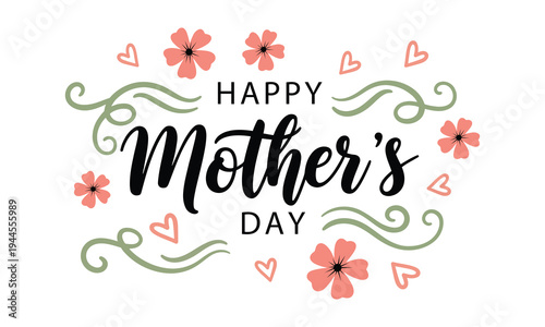 Decorative happy mother’s day greeting with floral pink flowers green swirls and heart motifs representing celebration of motherhood and love
