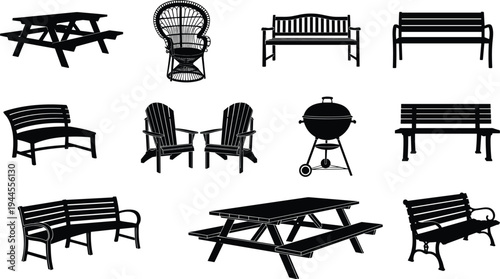 Outdoor garden furniture silhouette collection, park benches picnic table chairs and barbecue grill vector set for backyard design