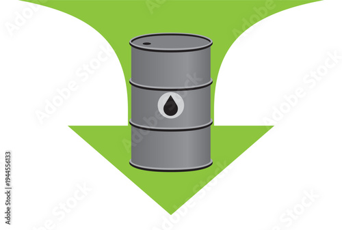 Oil barrel showing petroleum price decline green arrow