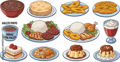 Latin American traditional food collection with gallo pinto arroz con pollo grilled meat rice plantains dessert and flan vector illustration set