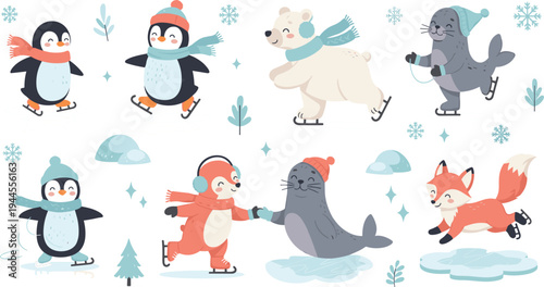 Icy Fun: Cute Cartoon Penguins, Polar Bears, Seals, and Foxes Ice Skating and Enjoying Winter Activities in a Snowy Wonderland
