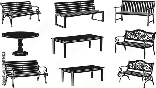Outdoor park furniture vector collection, benches and tables silhouette set isolated street garden seating illustration design