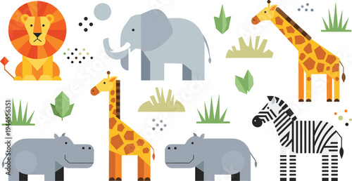 Geometric Style Cartoon Animals: Lion, Elephant, Giraffes, Hippos, and Zebra with Simple Shapes and Bold Colors in a Minimalist Jungle Them