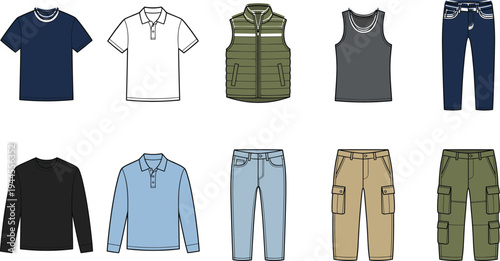 Men clothing apparel set with t shirt polo vest tank top jeans cargo pants and long sleeve shirt fashion vector illustration