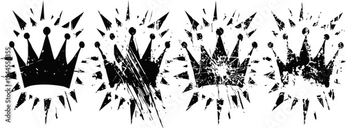 Grungy black crown silhouettes with sunburst rays in distressed vintage tattoo designs