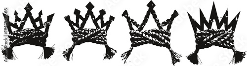 Four black tribal crowns with intricate rope and combined pointed tip designs