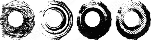 abstract black ink circular brush strokes set grunge textured round shapes artistic paint rings and distressed border design elements
