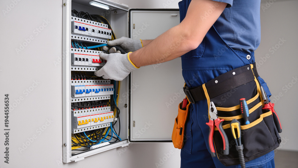 Obraz premium A professional electrician performs maintenance on an electrical distribution board. He uses various hand tools and wears protective safety gear. The technician carefully inspects the circuit breakers