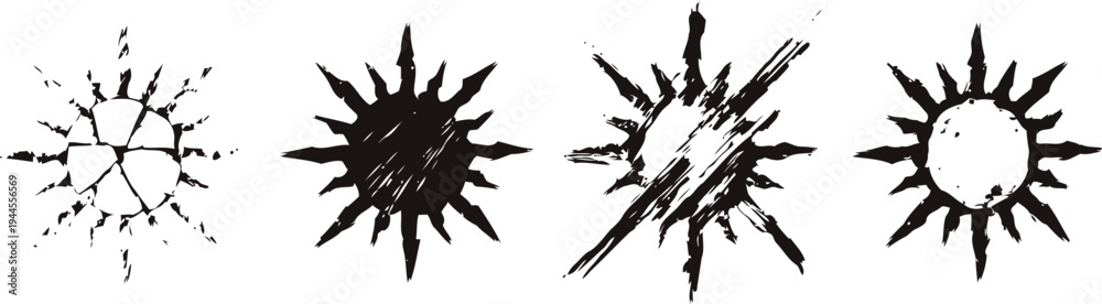 Obraz premium black grunge sun icons set with rough textured rays and abstract design on white background