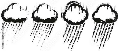 Rainy cloud icons set with varying rain intensity and dripping water drops in black silhouette