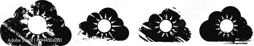 sun behind weather clouds icons in different grunge styles with rays and partial coverage