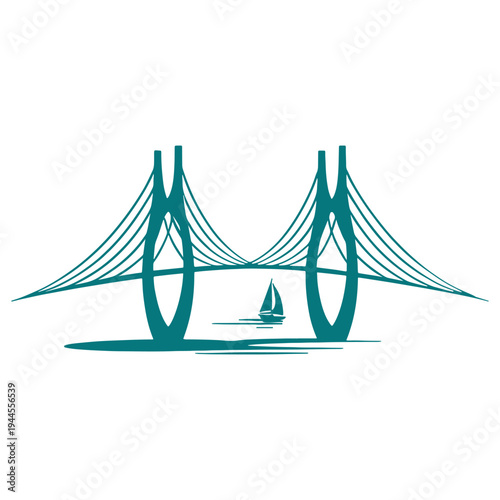 Modern suspension bridge spanning a calm body of water with a sailboat below