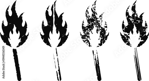 Four black silhouette flaming torches varying in texture and shape isolated on white background