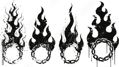 burning chains with flames grunge fire rings with dripping paint fiery circular shackles isolated on white