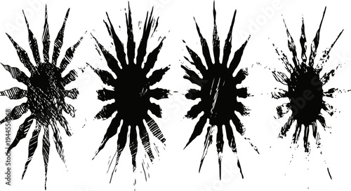 Set of four black bullet hole silhouettes with cracks and splintered edges in various shapes