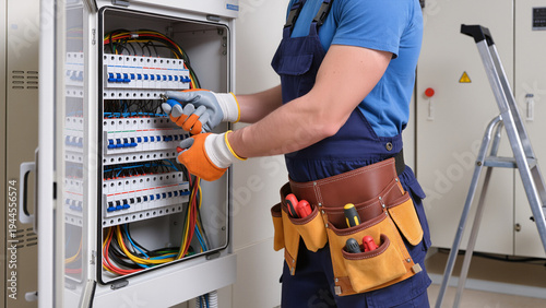 Bild auf Leinwand A professional electrician performs maintenance on an electrical distribution board