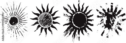 grunge sun icons set with distressed textured rays vector illustration