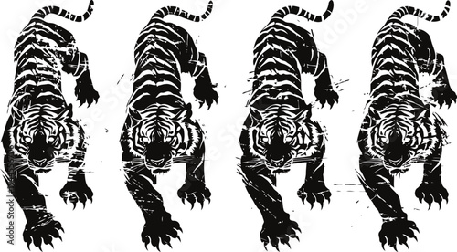 four black and white tigers walking forward in a row, wild animal illustration on white background