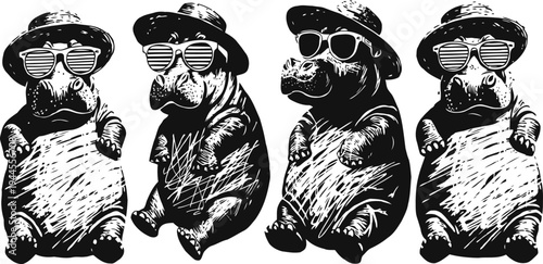 Hippo wearing striped sunglasses and hat, hand drawn black and white vintage illustration set