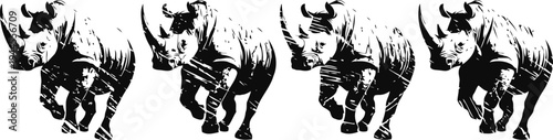 Four black and white rhinoceros silhouettes in a row facing forward