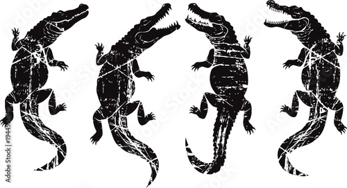four black crocodile silhouettes with cracked texture on white background reptile clash, exotic predator, wildlife art design