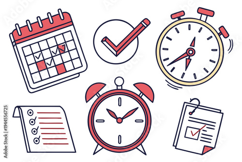 Time management including calendar, clock, and checklist on white background time management calendar