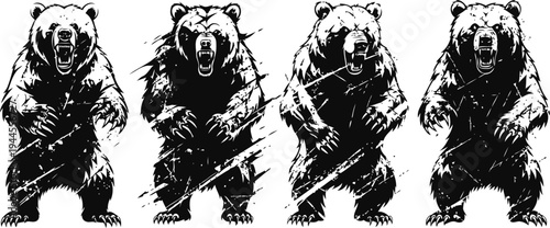 Fierce bear silhouettes set wild animal standing pose showing strength and aggression